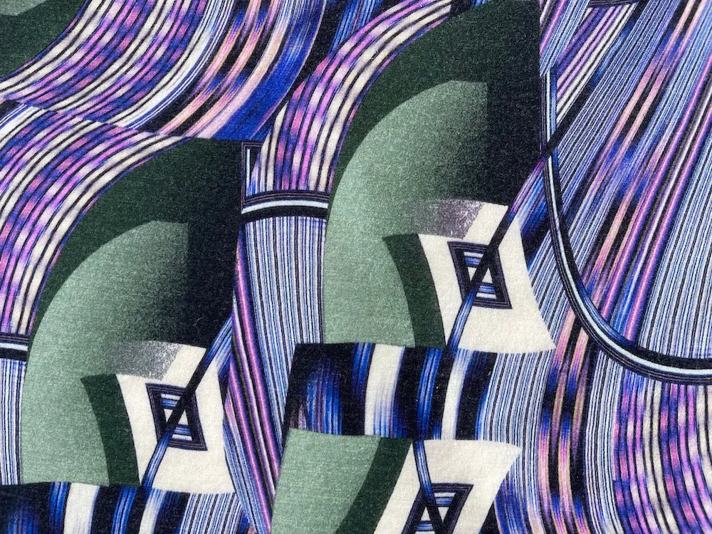 Abstract Expressionist Violet & Pine Stretch Wool Blend Jersey Knit (Made in Italy)