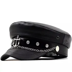 Anchor Black Leather Sailor Cap