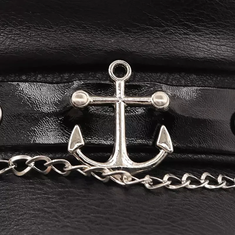 Anchor Black Leather Sailor Cap