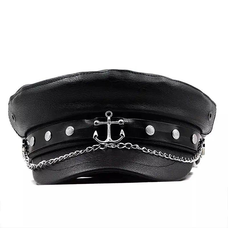 Anchor Black Leather Sailor Cap