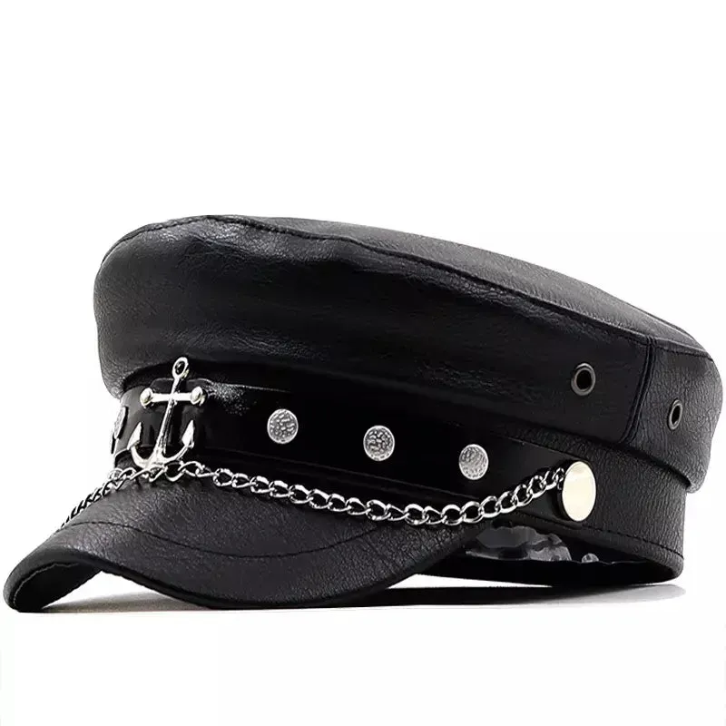 Anchor Black Leather Sailor Cap