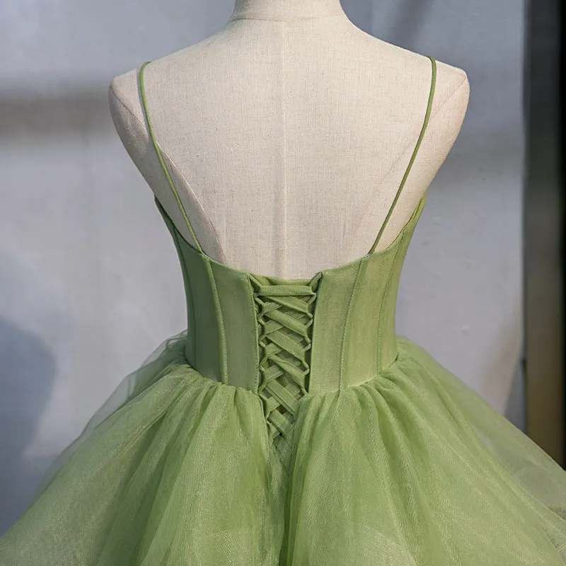 Ball Gown Green Tulle Ruffles Quinceanera Dresses Spaghetti Straps Prom Dress with Train 213