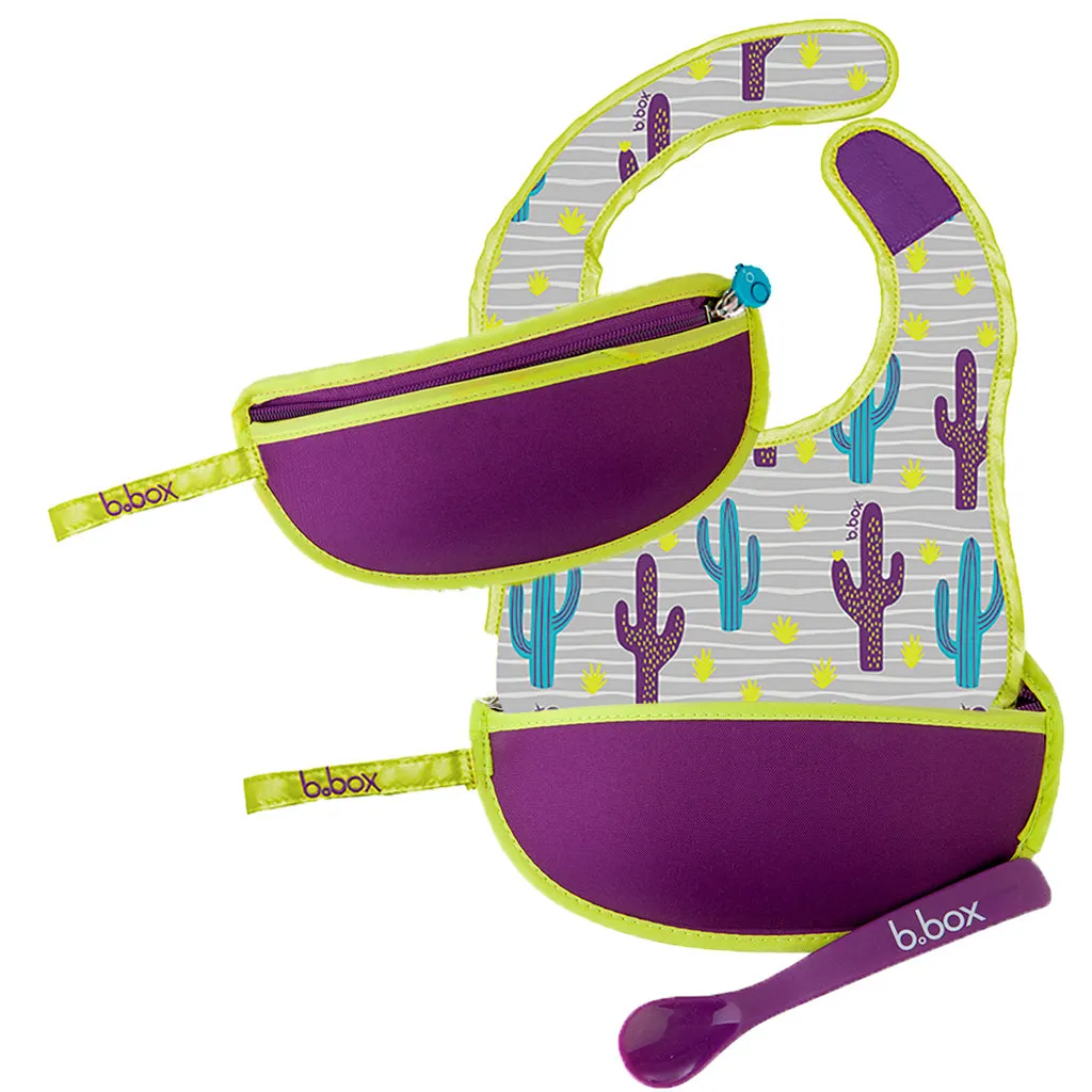B.Box Travel Bib & Flexible Soft Bite Spoon Set Cactus Capers Purple Grey