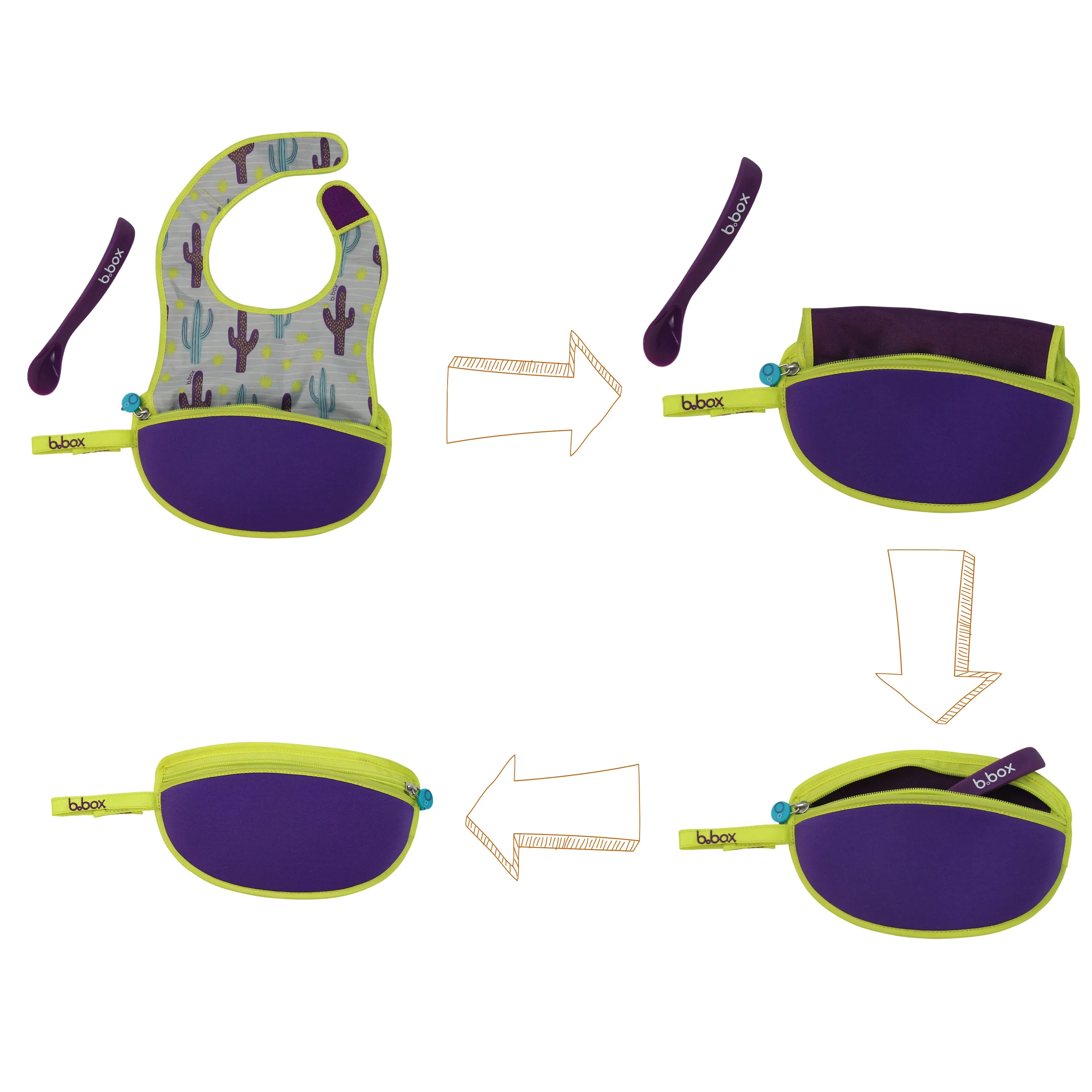 B.Box Travel Bib & Flexible Soft Bite Spoon Set Cactus Capers Purple Grey
