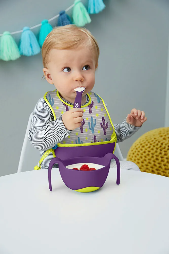 B.Box Travel Bib & Flexible Soft Bite Spoon Set Cactus Capers Purple Grey