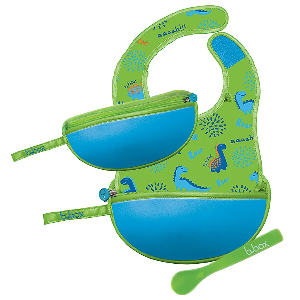 B.Box Travel Bib & Flexible Soft Bite Spoon Set Dino Time Blue Green