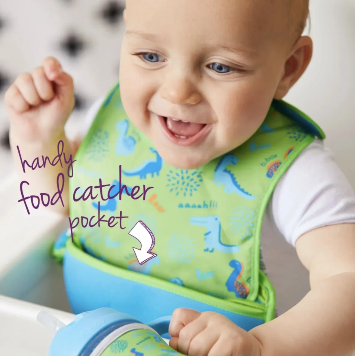 B.Box Travel Bib & Flexible Soft Bite Spoon Set Dino Time Blue Green