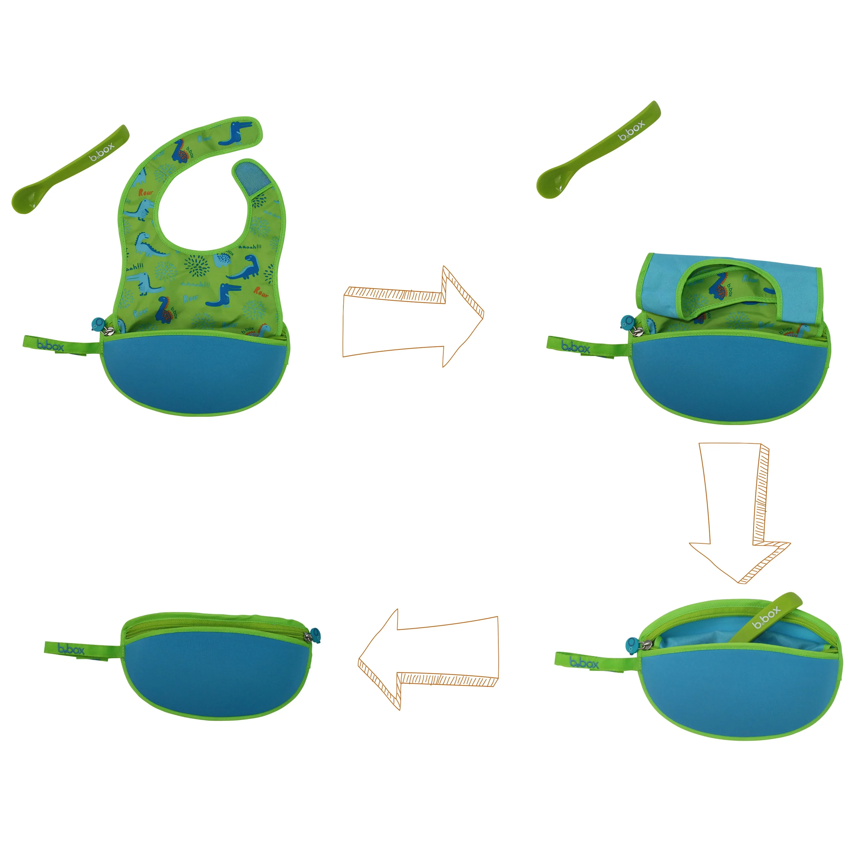 B.Box Travel Bib & Flexible Soft Bite Spoon Set Dino Time Blue Green