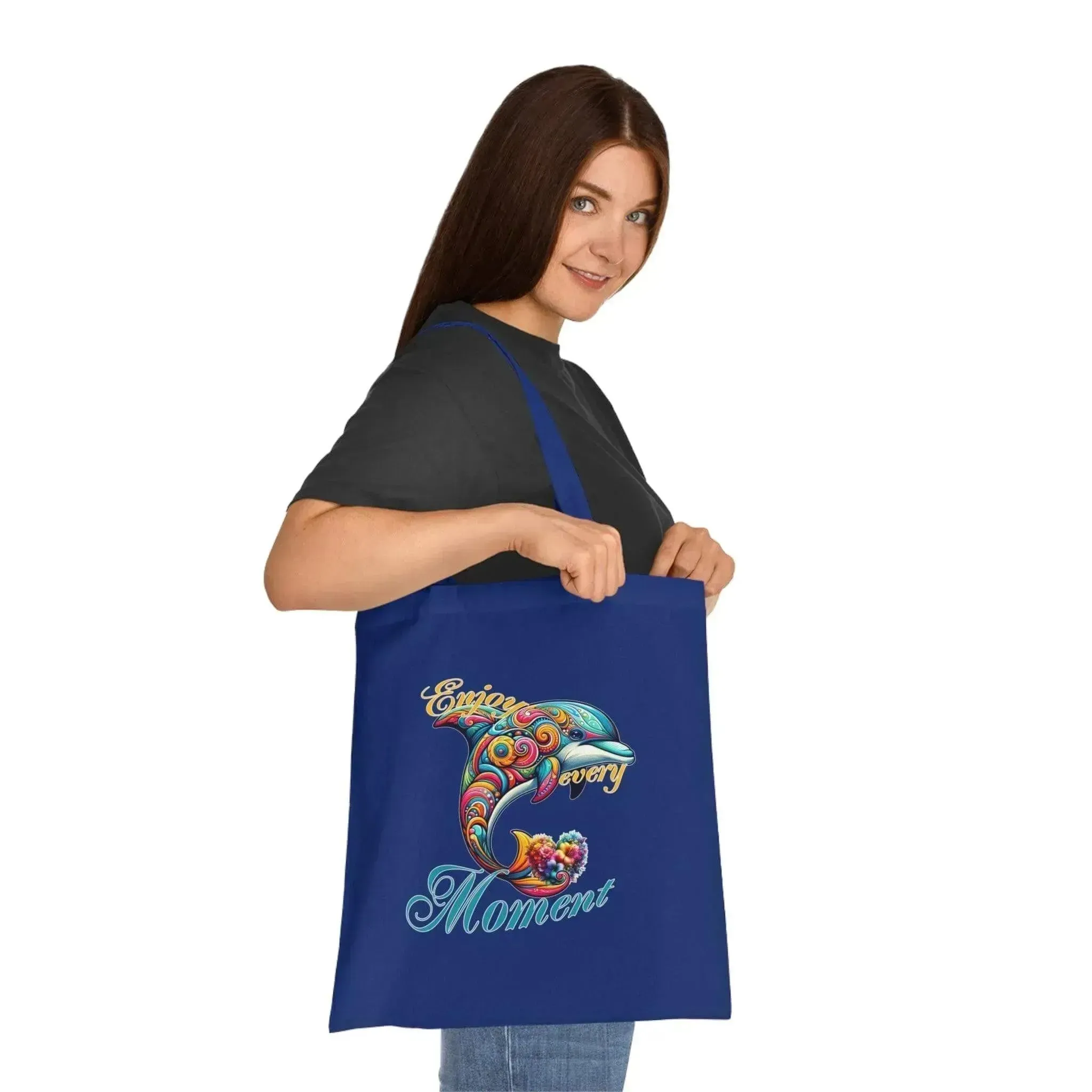 Colorful Flower Dolphin Loving Cotton Tote Bag