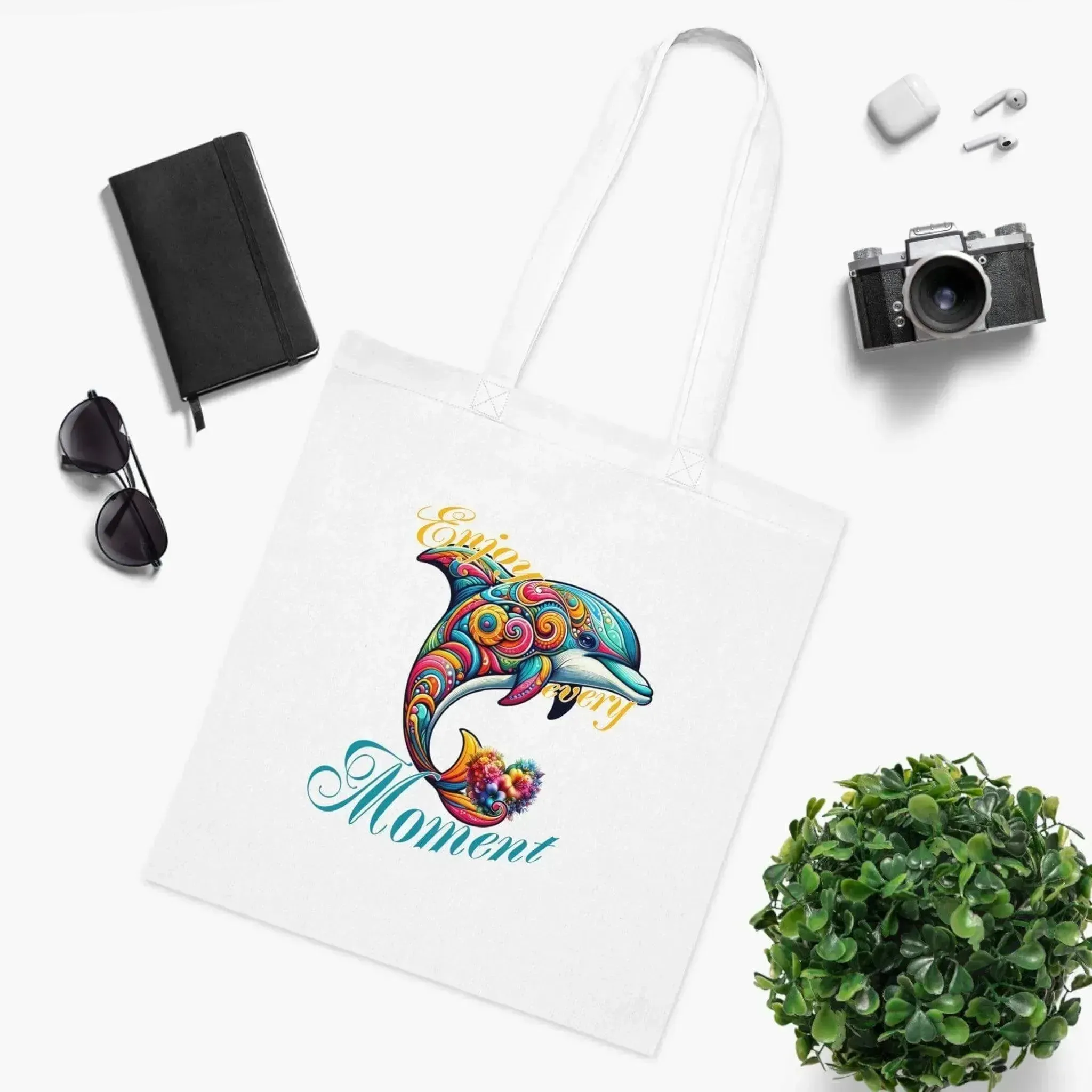 Colorful Flower Dolphin Loving Cotton Tote Bag