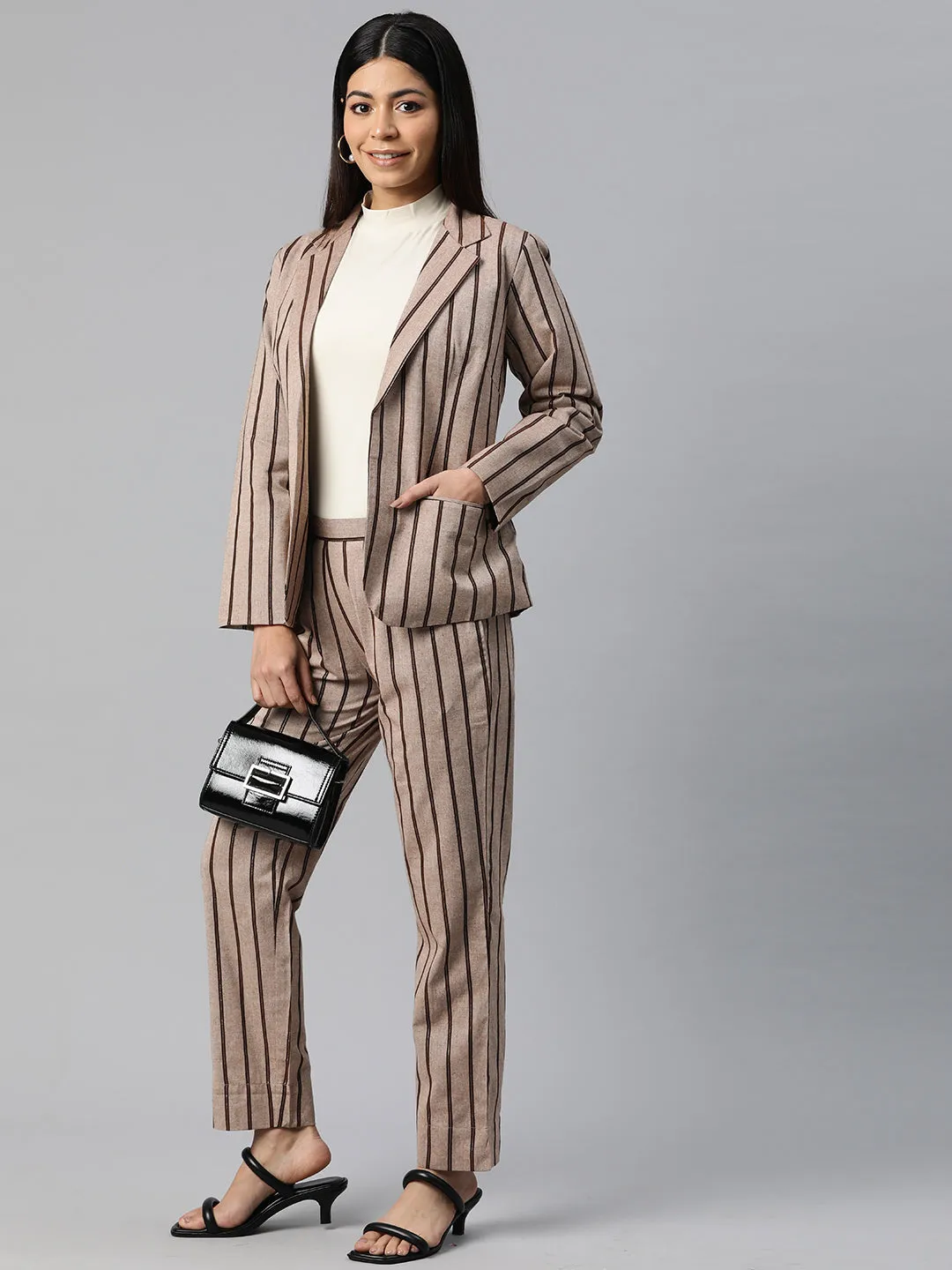 Cottinfab Women Striped Two-Piece Formal Suit