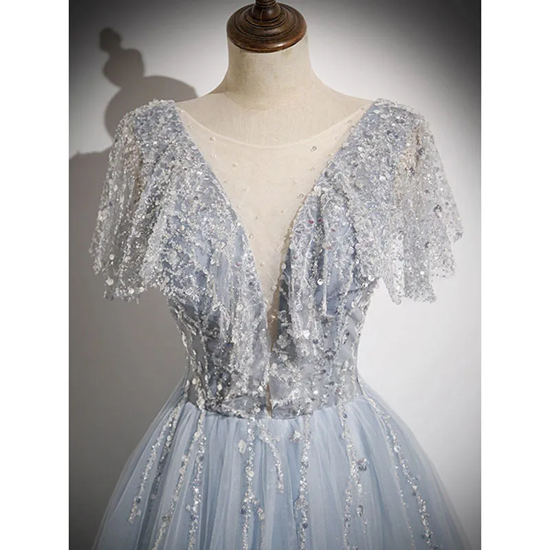 Deep V Neck A Line Prom Dress Gray Blue Sequins Evening Party Dress 656
