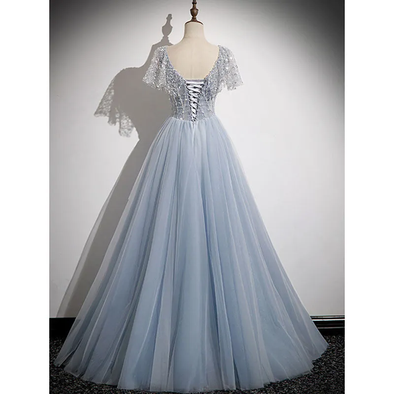 Deep V Neck A Line Prom Dress Gray Blue Sequins Evening Party Dress 656