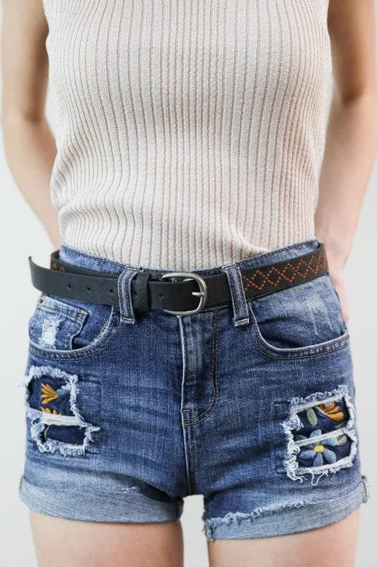 Diamond Stitching Skinny Punched Out Belt