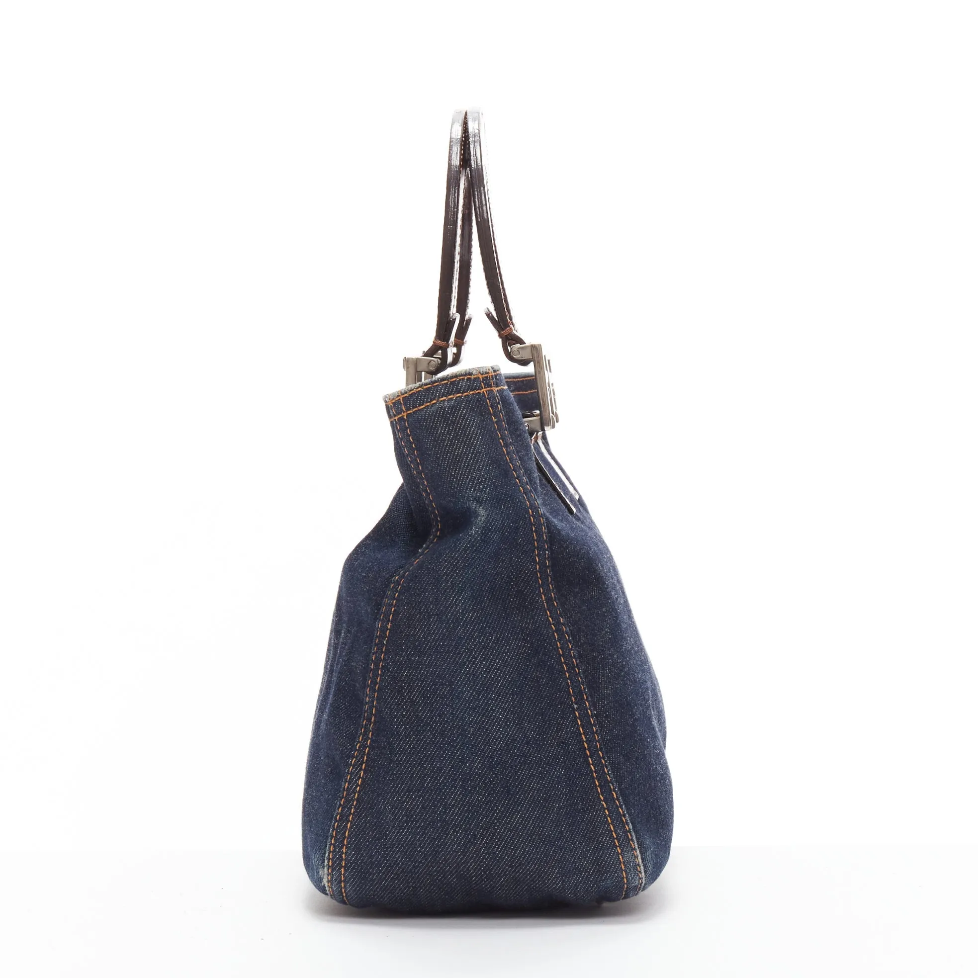 FENDI Vintage Twin dark blue denim FF buckle brown handle bag