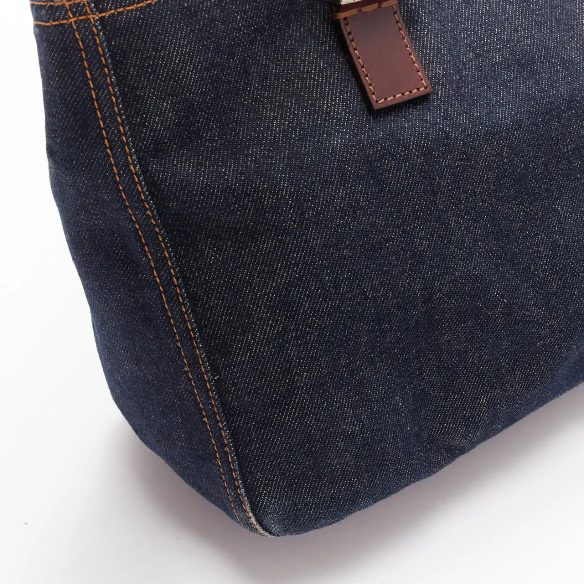 FENDI Vintage Twin dark blue denim FF buckle brown handle bag