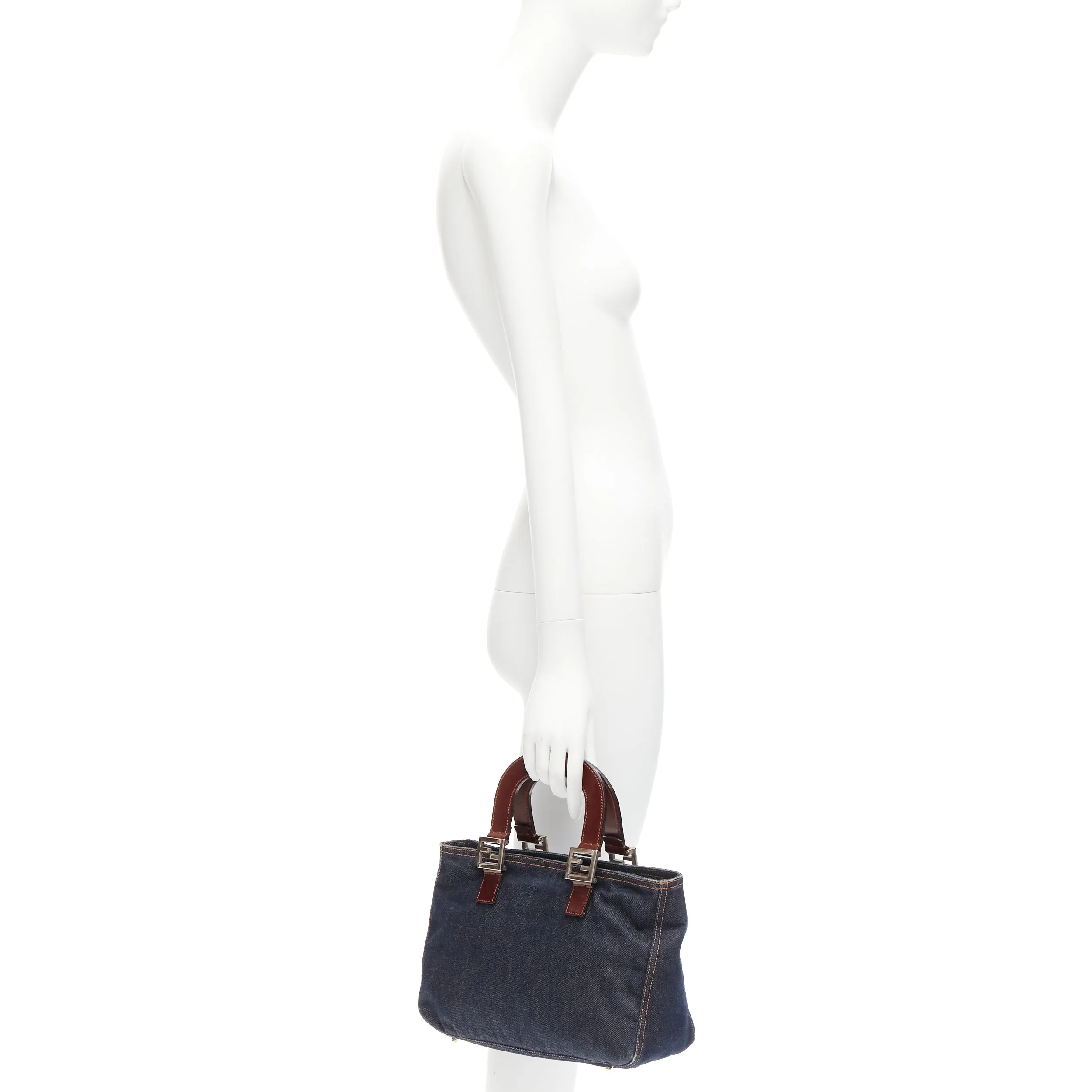 FENDI Vintage Twin dark blue denim FF buckle brown handle bag
