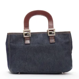 FENDI Vintage Twin dark blue denim FF buckle brown handle bag