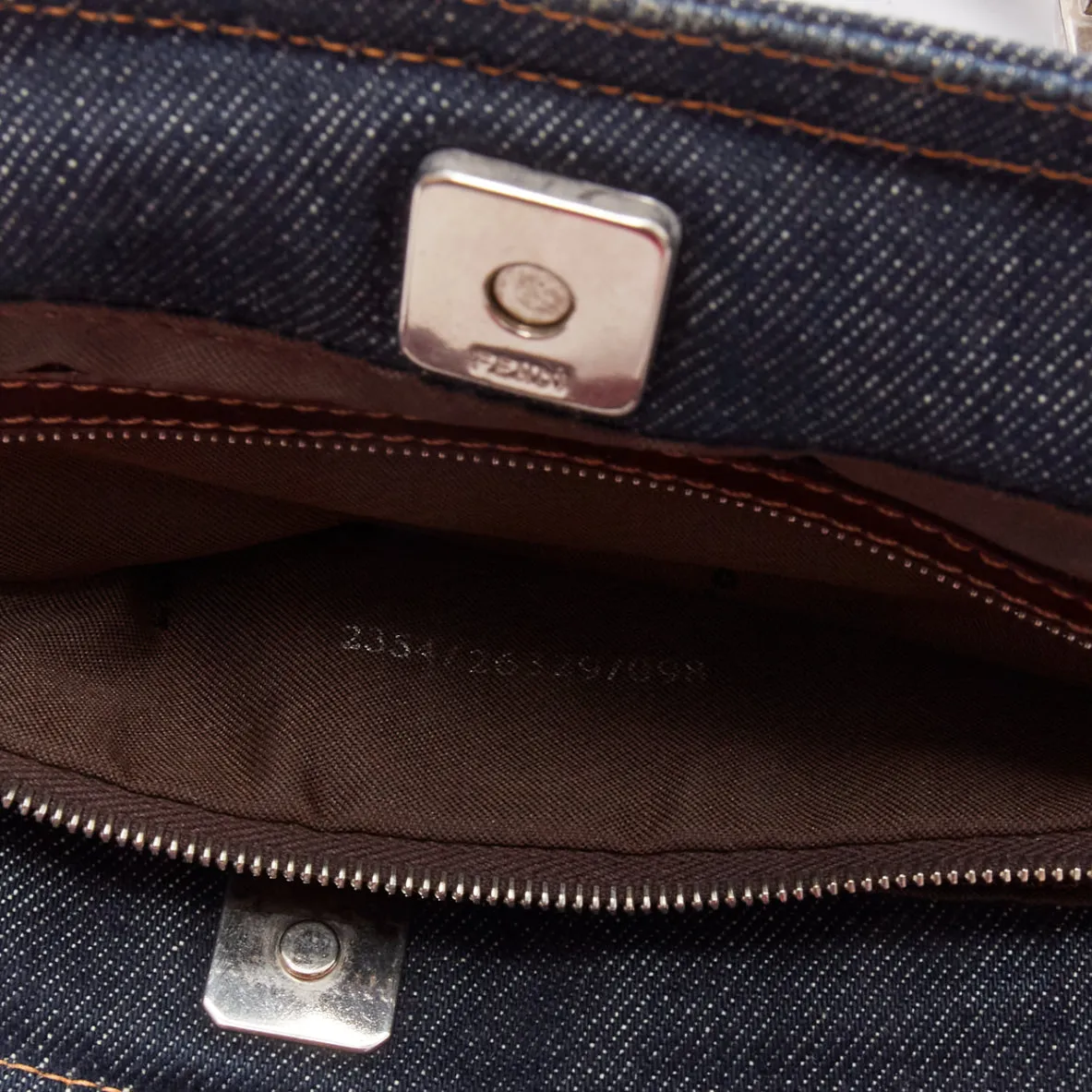 FENDI Vintage Twin dark blue denim FF buckle brown handle bag
