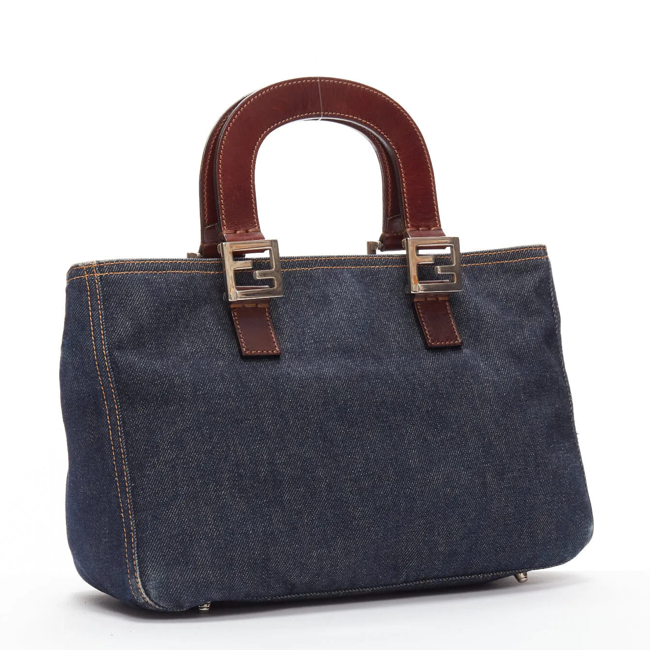 FENDI Vintage Twin dark blue denim FF buckle brown handle bag