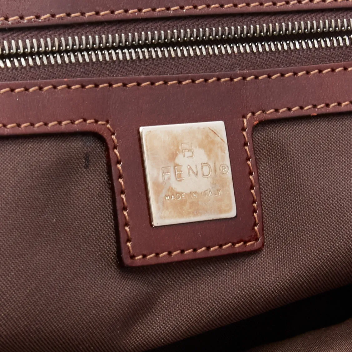 FENDI Vintage Twin dark blue denim FF buckle brown handle bag