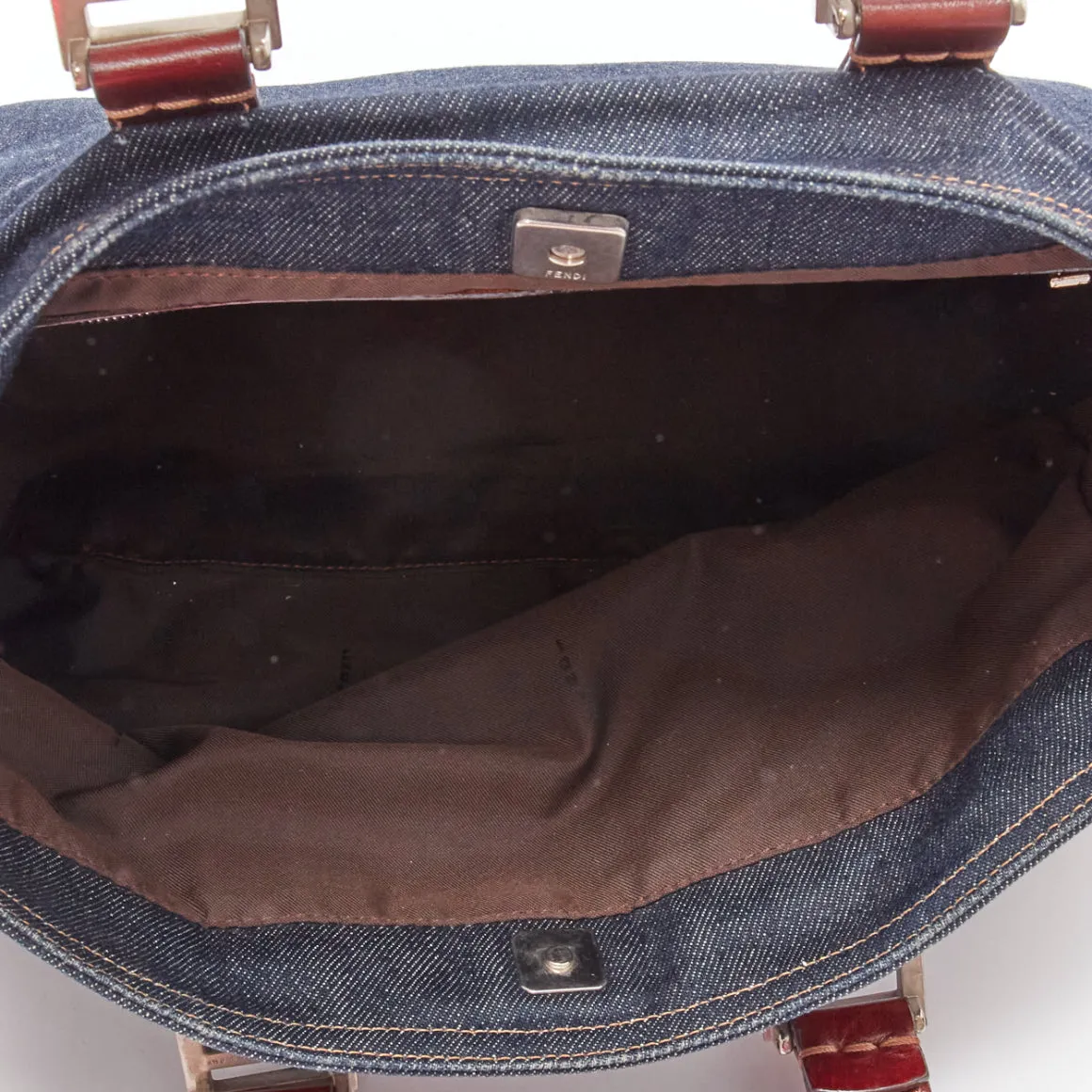 FENDI Vintage Twin dark blue denim FF buckle brown handle bag