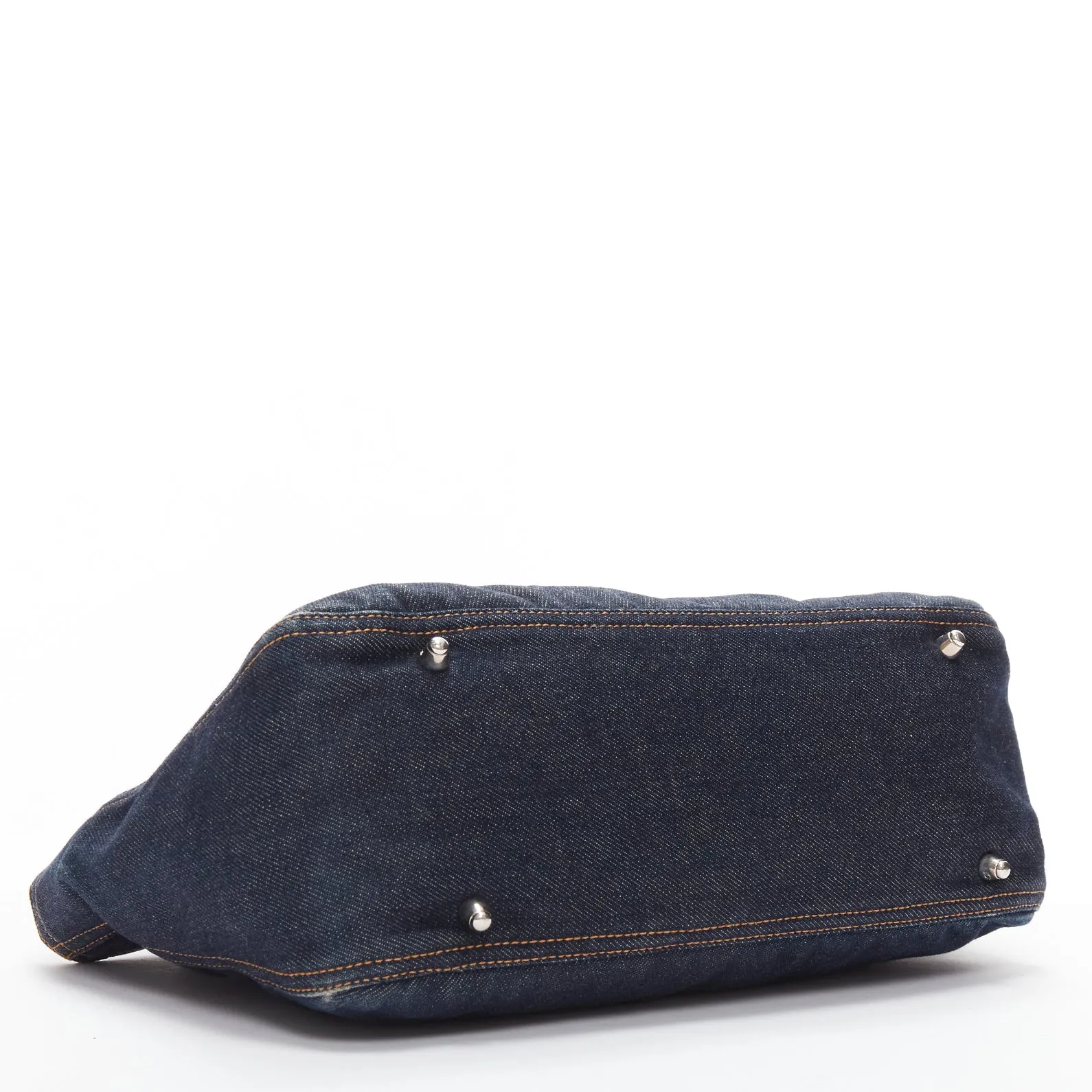 FENDI Vintage Twin dark blue denim FF buckle brown handle bag
