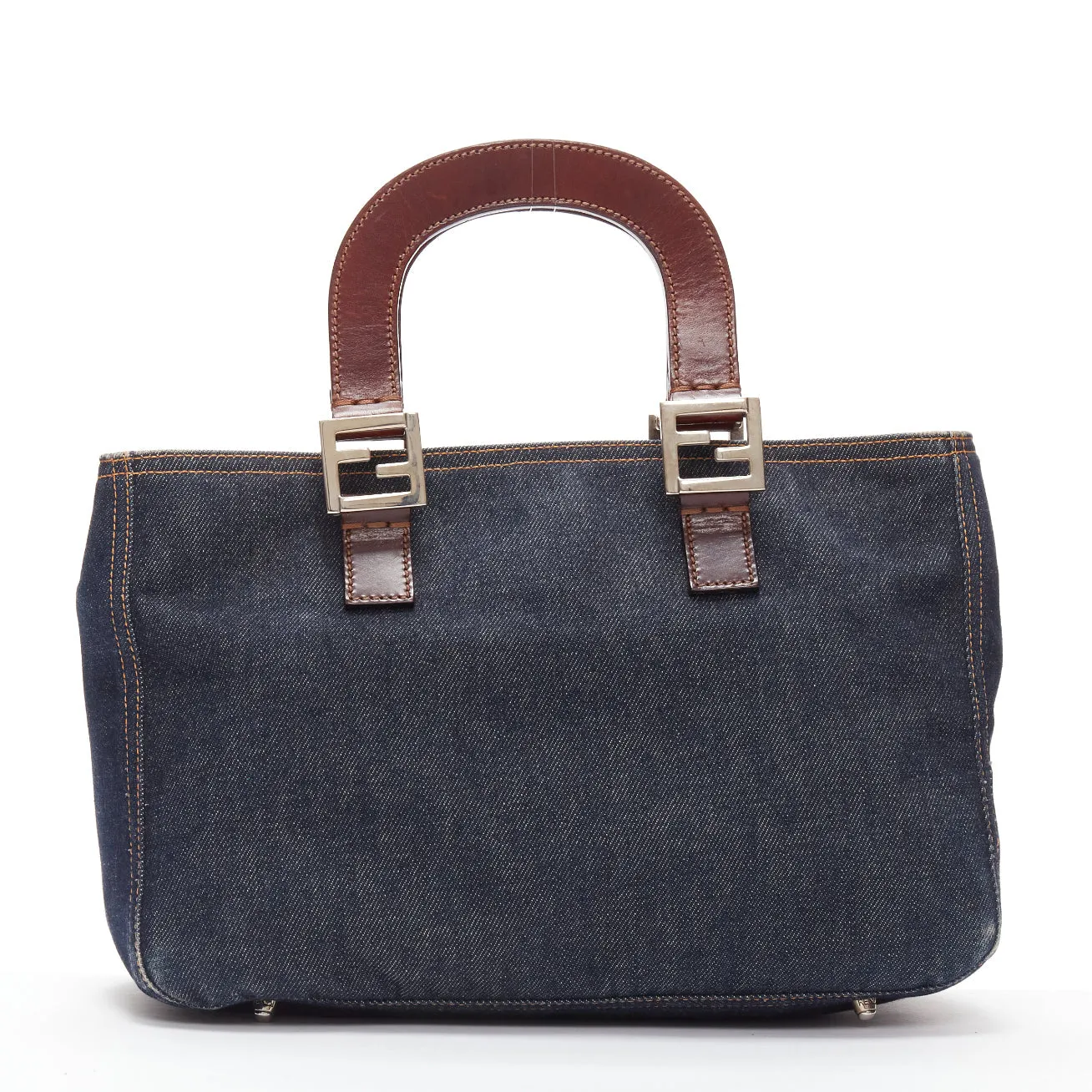 FENDI Vintage Twin dark blue denim FF buckle brown handle bag