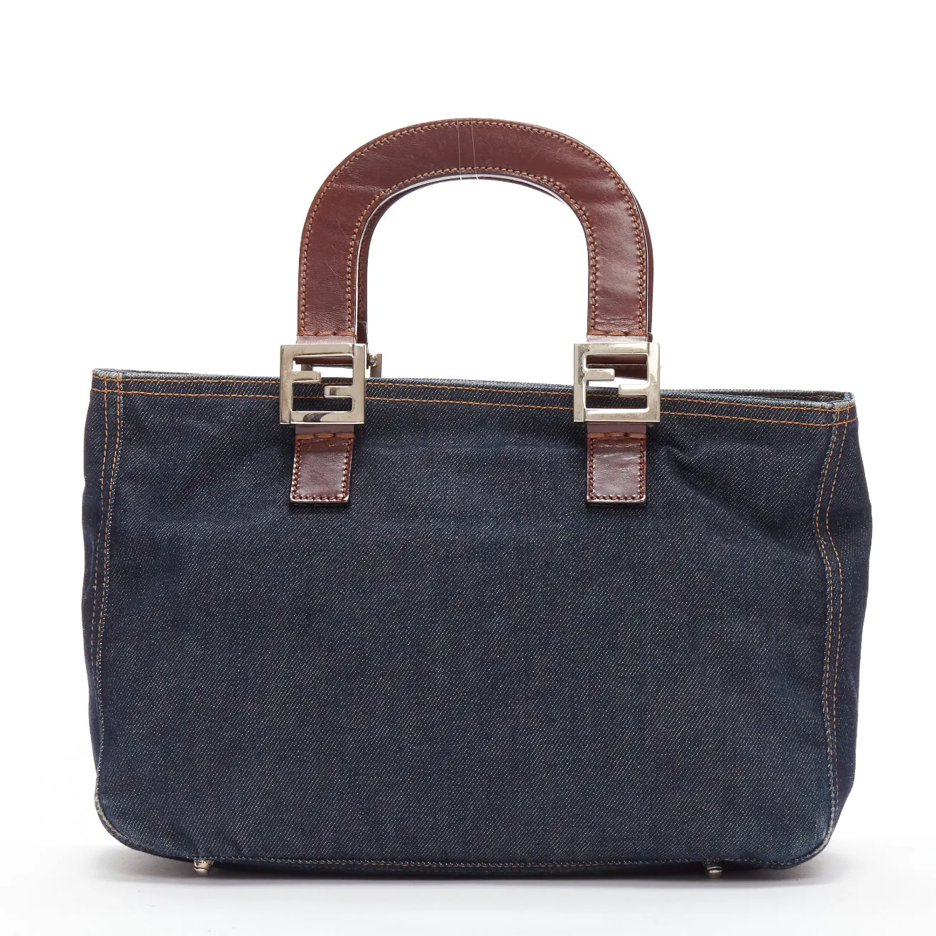 FENDI Vintage Twin dark blue denim FF buckle brown handle bag
