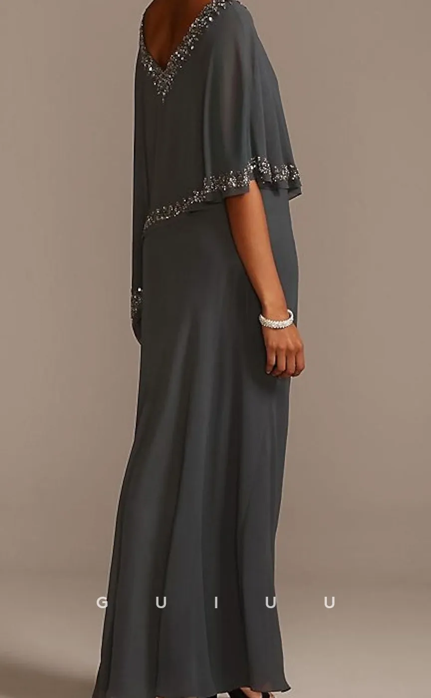 GM040 - Sheath V Neck Floor Length Chiffon Half Sleeve Beaded  Mother of the Bride Dress Cape Dress Wedding Guest