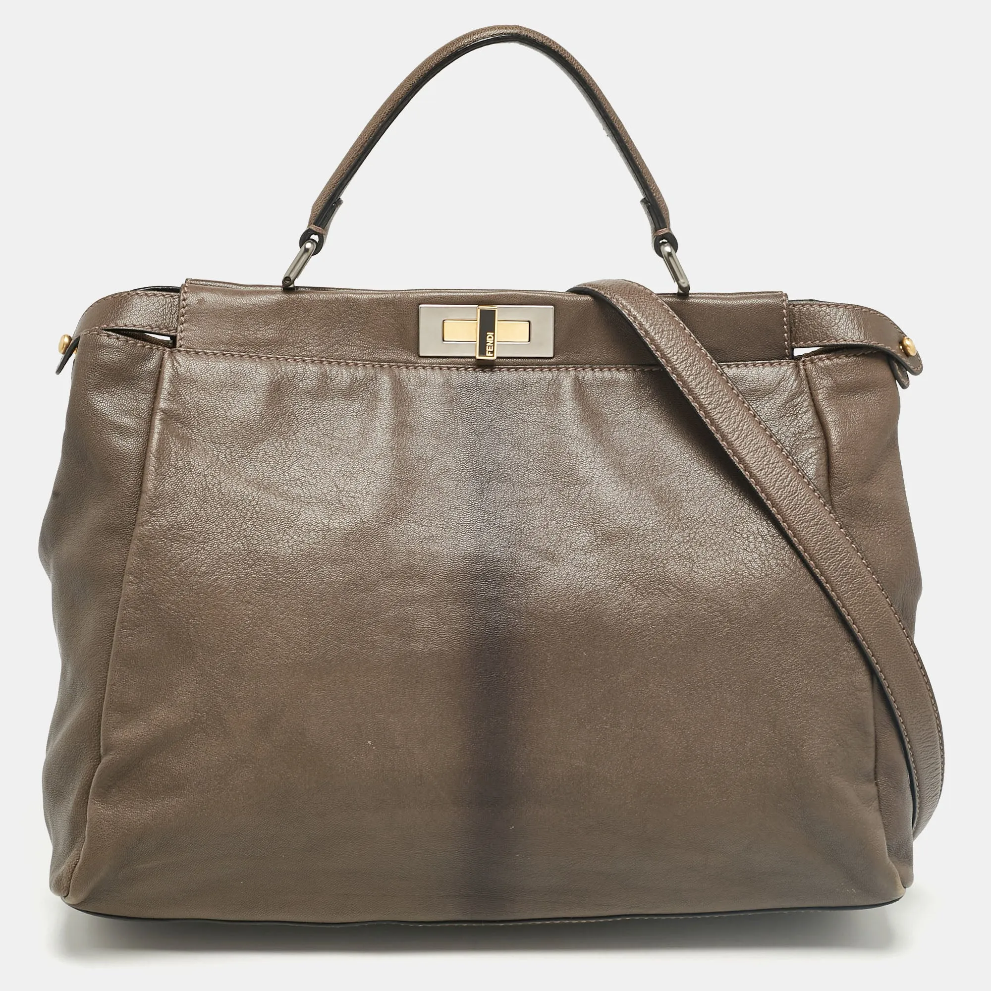 Grey Leather Large Peekaboo Top Handle Bag