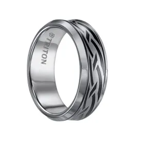IAN Beveled Concave Tungsten Carbide Wedding Band with Celtic Knot Pattern Engraving and Black Details by Triton Rings - 8mm