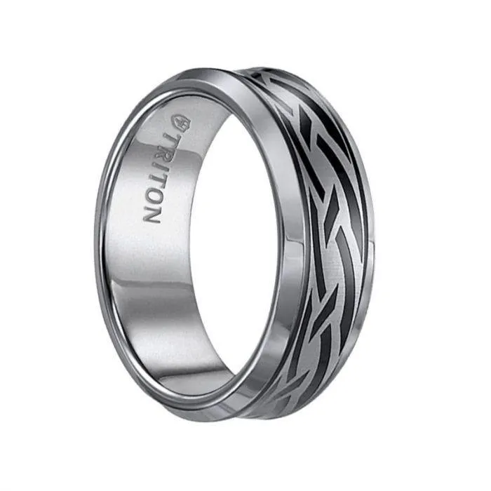 IAN Beveled Concave Tungsten Carbide Wedding Band with Celtic Knot Pattern Engraving and Black Details by Triton Rings - 8mm