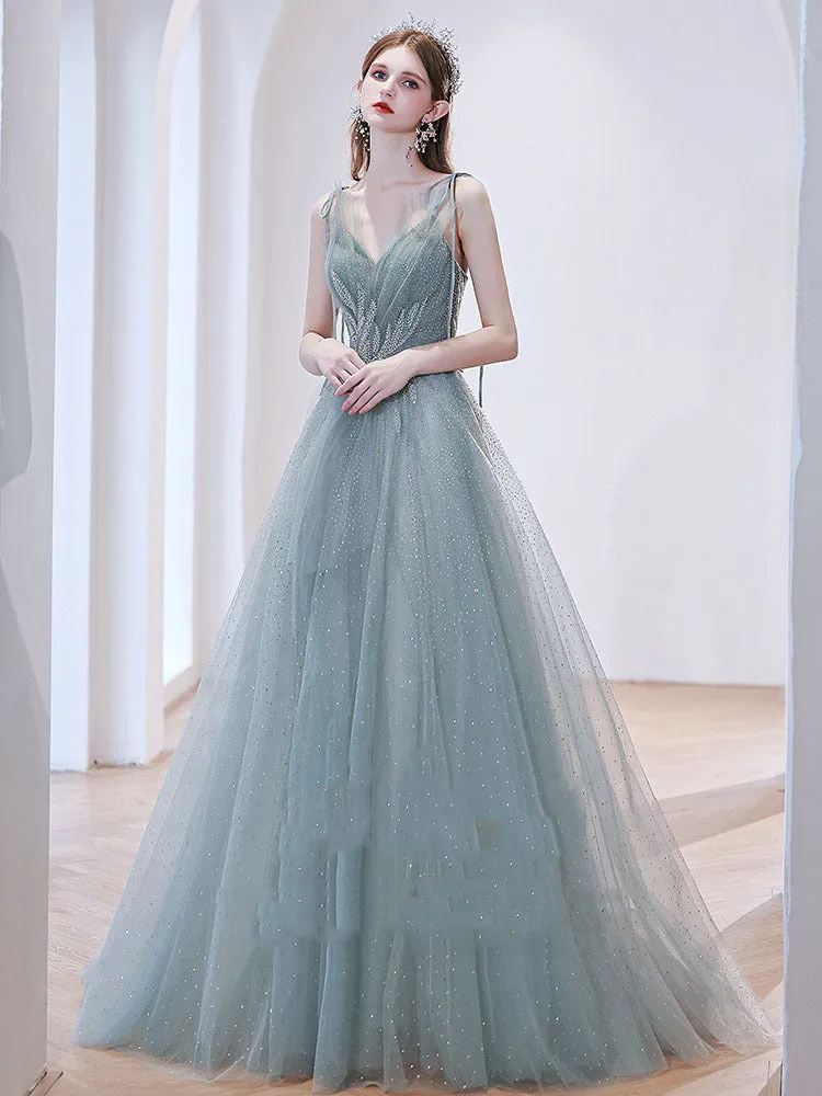 Light Green Tulle Prom Dress A Line Fairy Formal Party Dress 689