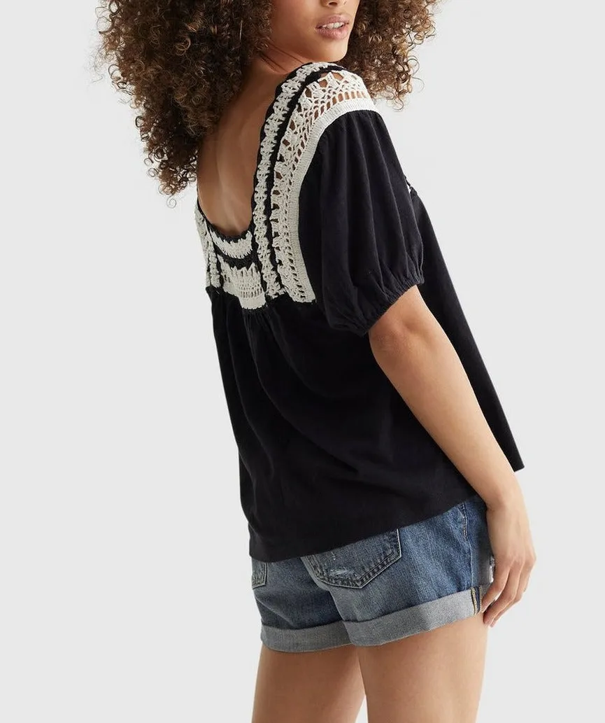 Lucky Brand Cotton Crochet-Neck Top