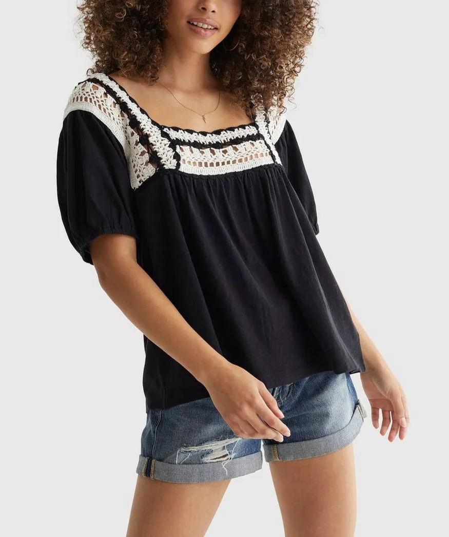 Lucky Brand Cotton Crochet-Neck Top