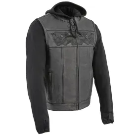 Men’s Black Leather Vest with Reflective Skulls & Full Hoodie Liner