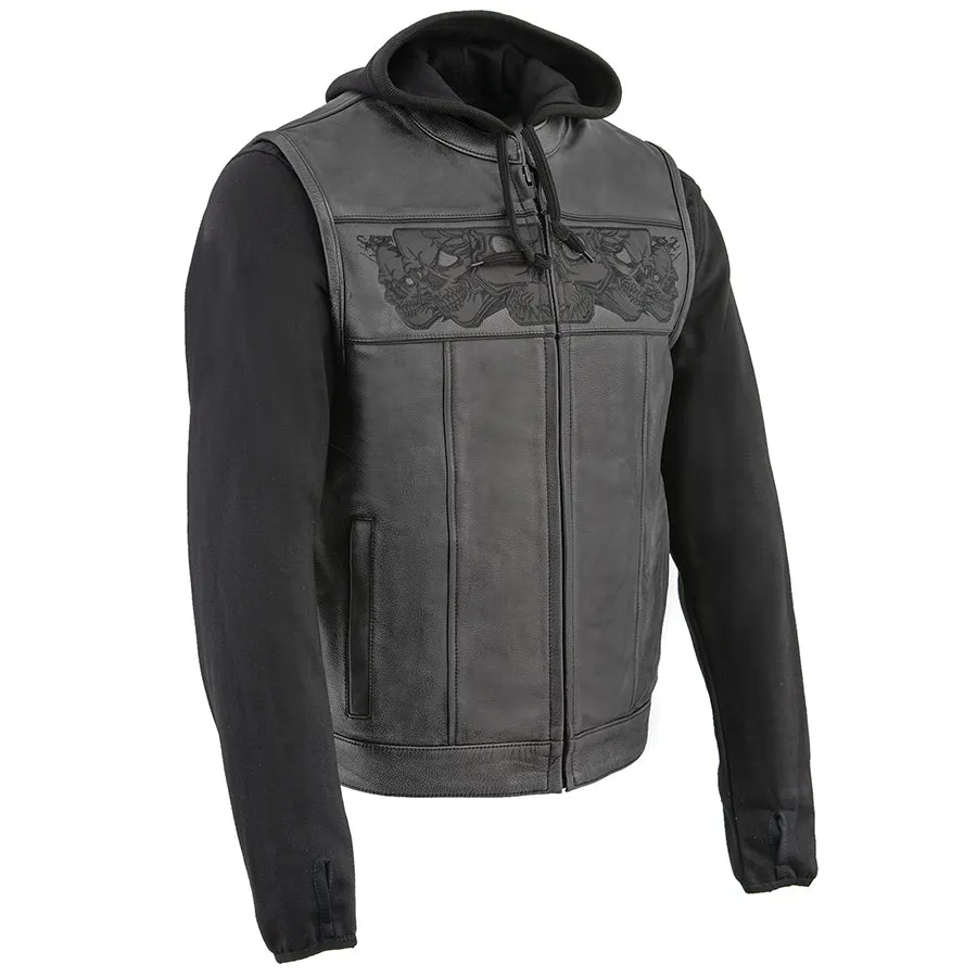 Men’s Black Leather Vest with Reflective Skulls & Full Hoodie Liner