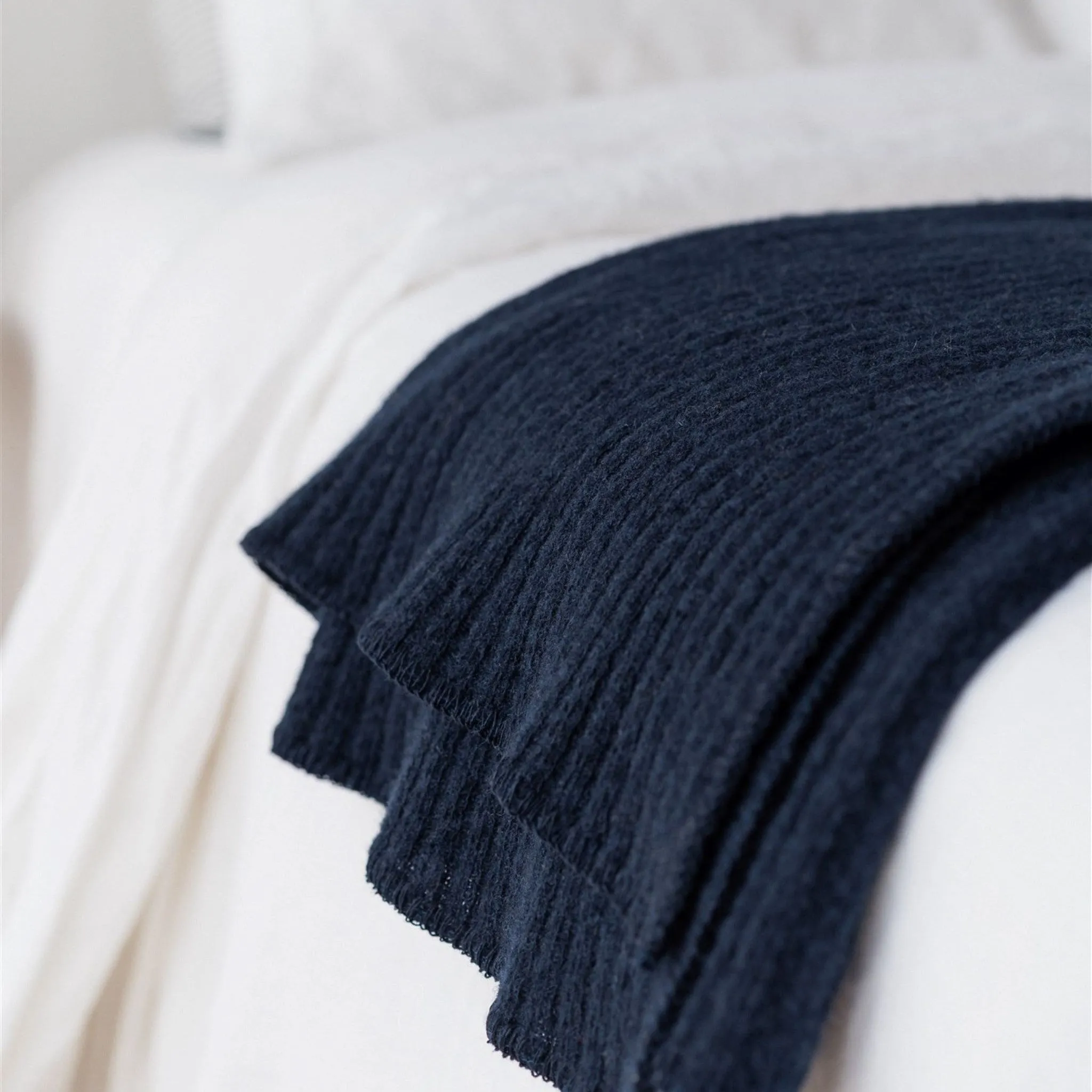 Navy Ribbed Wool Throw Blanket