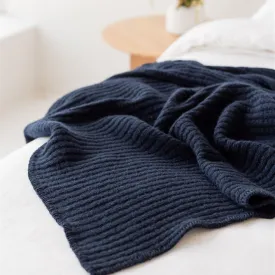 Navy Ribbed Wool Throw Blanket