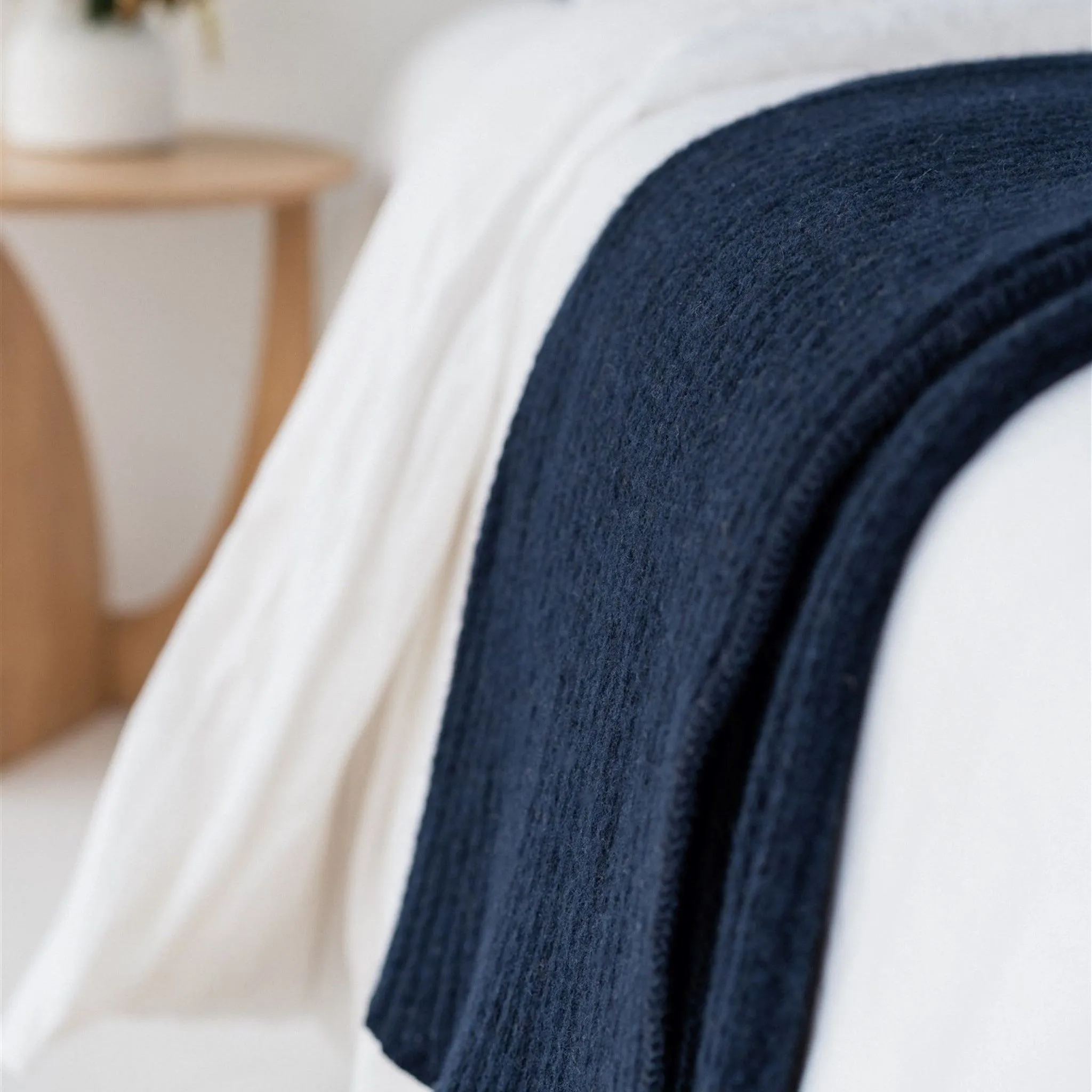 Navy Ribbed Wool Throw Blanket