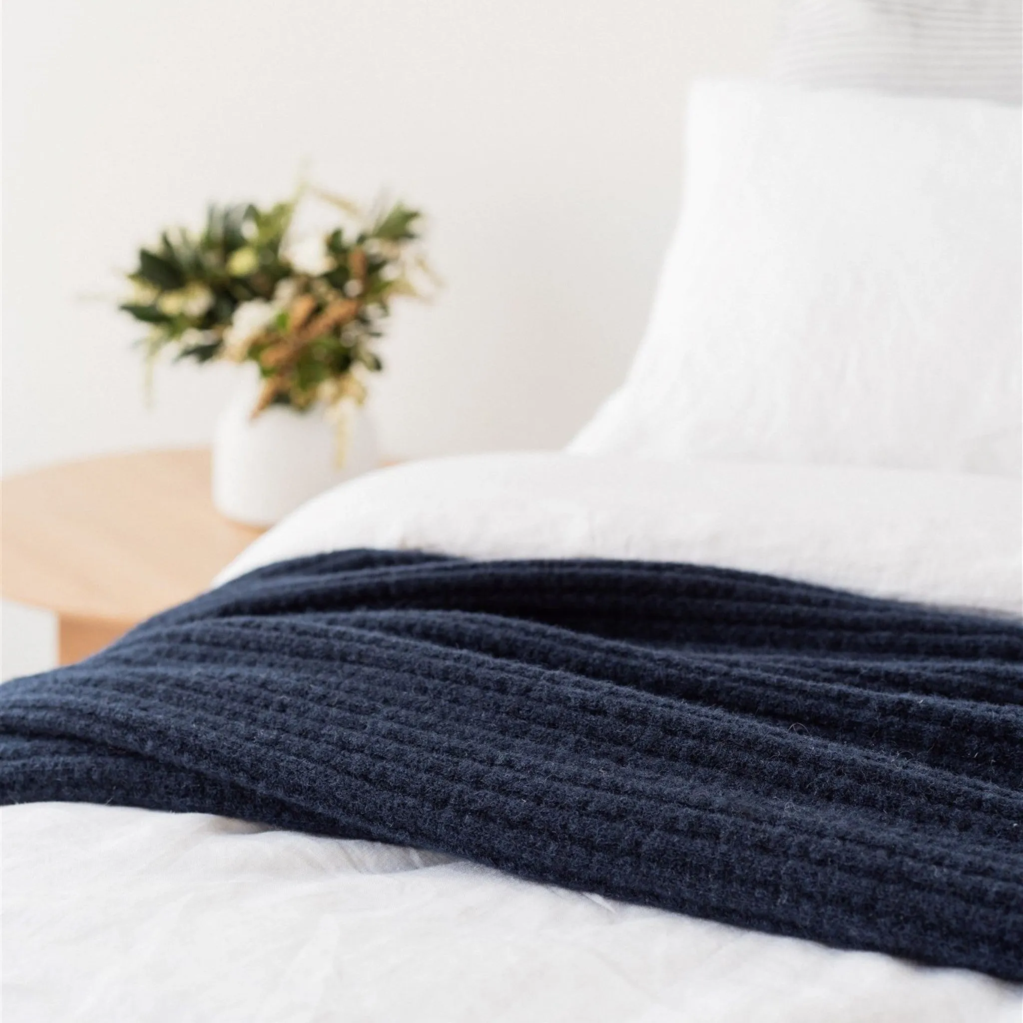 Navy Ribbed Wool Throw Blanket