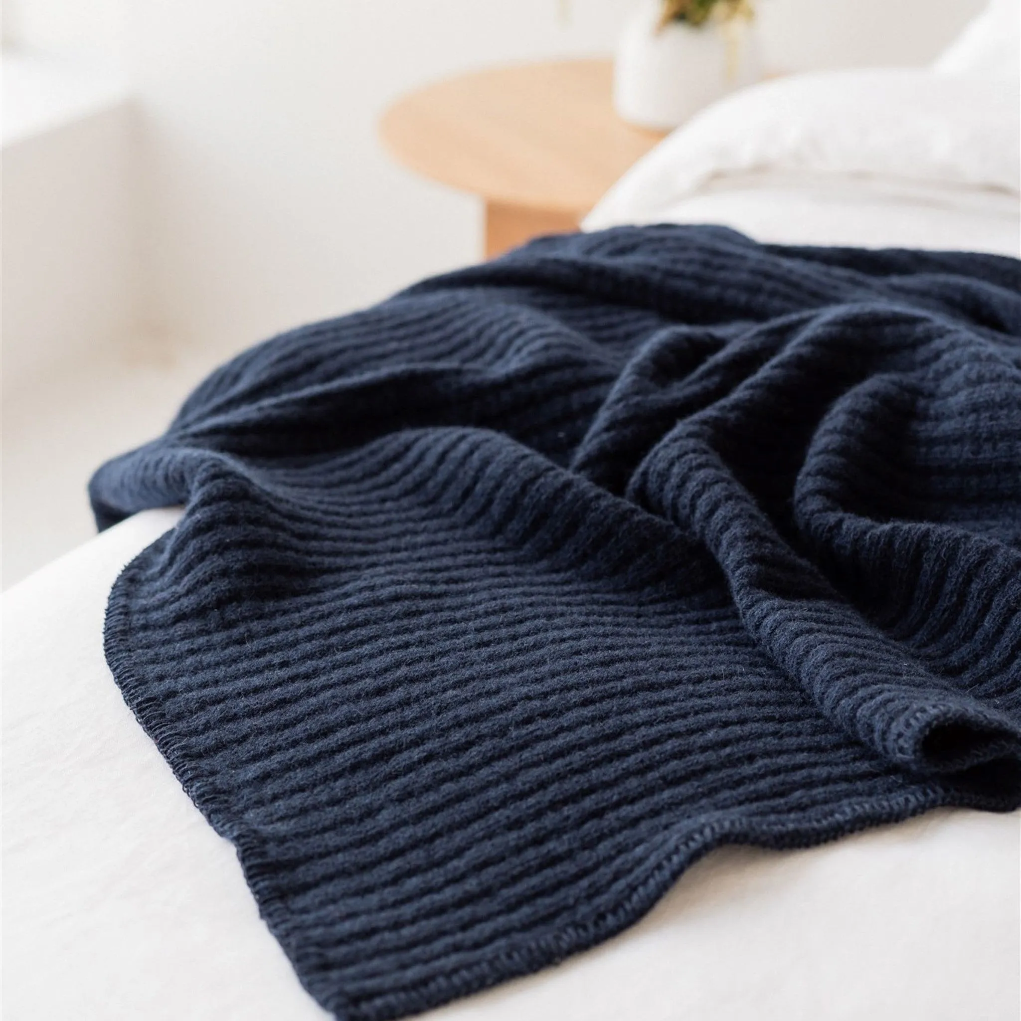 Navy Ribbed Wool Throw Blanket