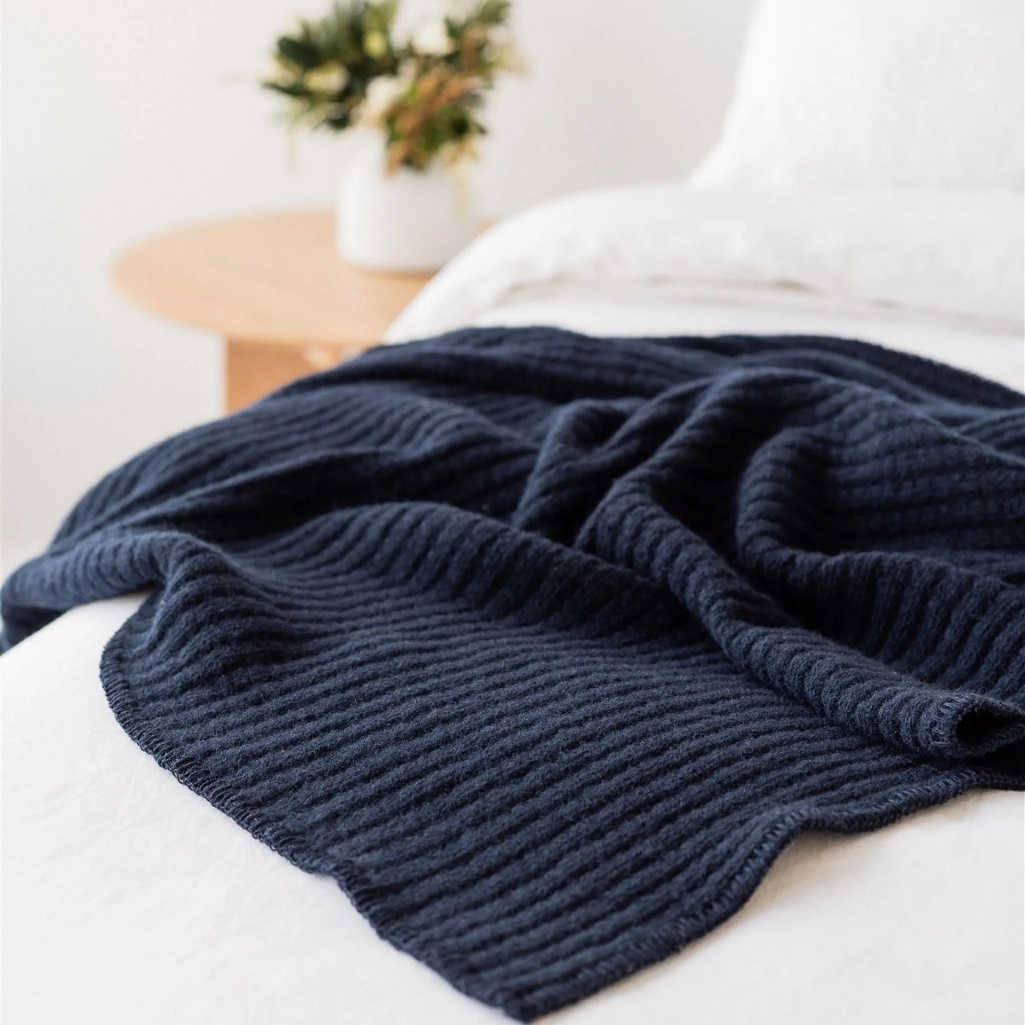 Navy Ribbed Wool Throw Blanket
