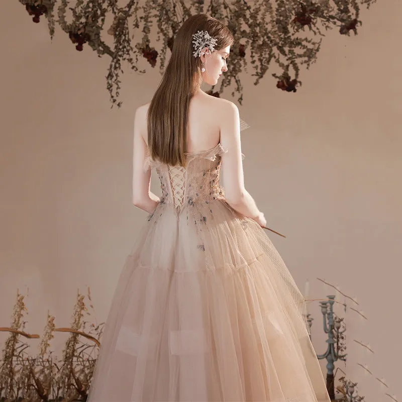 Off Shoulder Champagne Tulle Prom Dress Beading Formal Party Gown 676