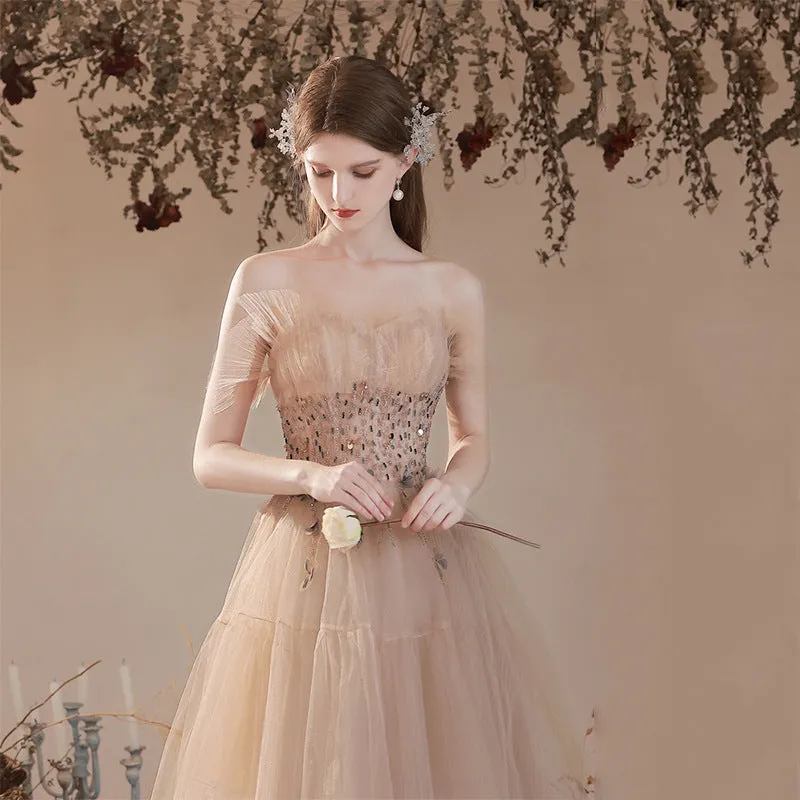Off Shoulder Champagne Tulle Prom Dress Beading Formal Party Gown 676