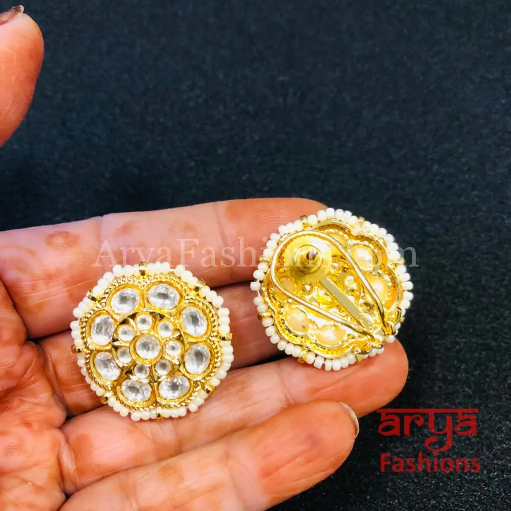 Rajwadi Kundan Pearl Stud Earrings