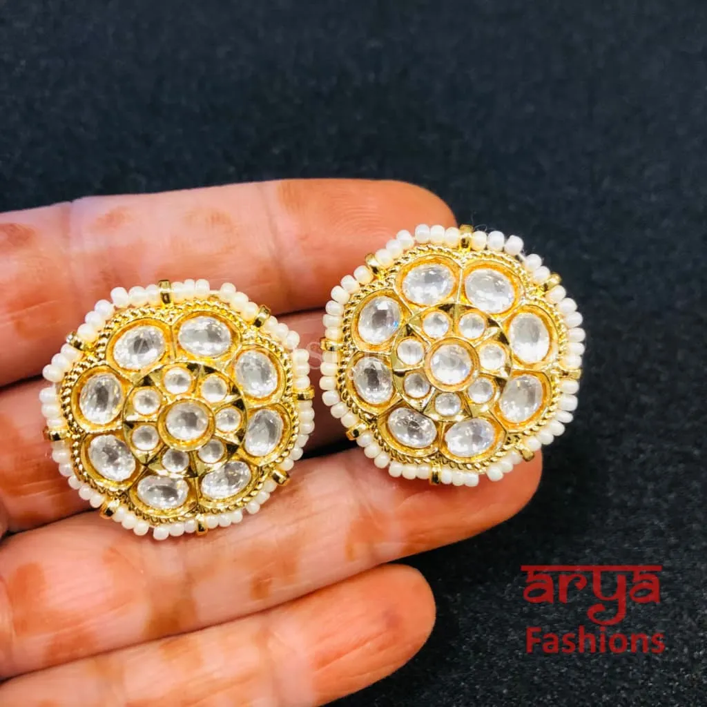 Rajwadi Kundan Pearl Stud Earrings