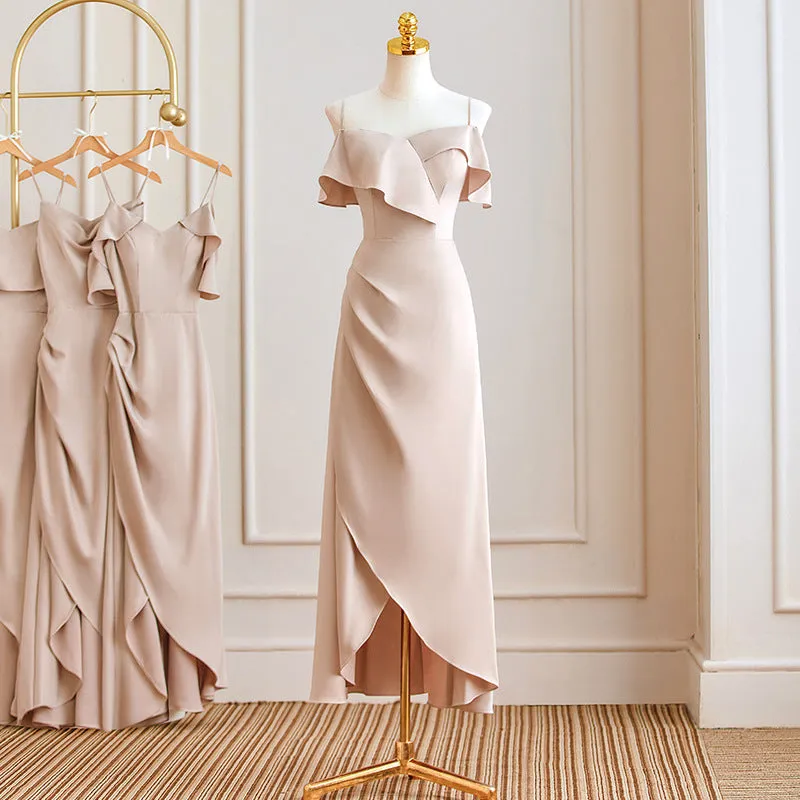 Satin A Line Long Bridesmaid Dress Spaghetti Strap Formal Evening Gown Party Dress 540