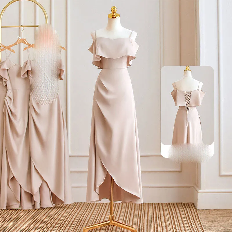 Satin A Line Long Bridesmaid Dress Spaghetti Strap Formal Evening Gown Party Dress 540